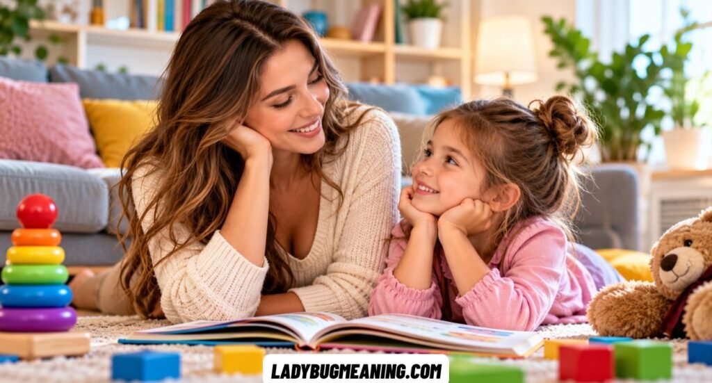 Modern parent and child discussing positive communication and family routines associated with FamousParenting Chelsea Acton.