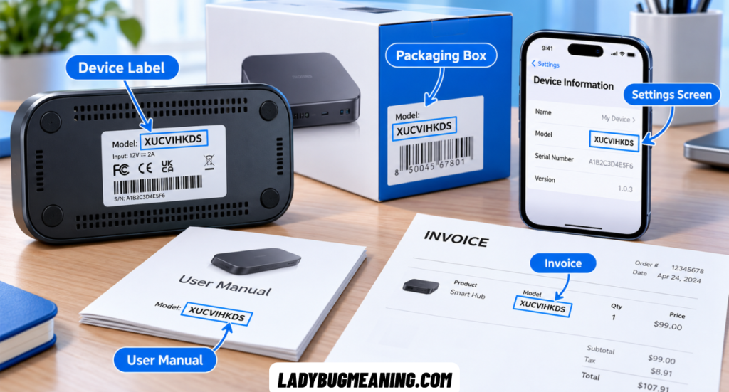 Model XUCVIHKDS number verification guide showing product labels, model identification, manufacturer checks, and device documentation.