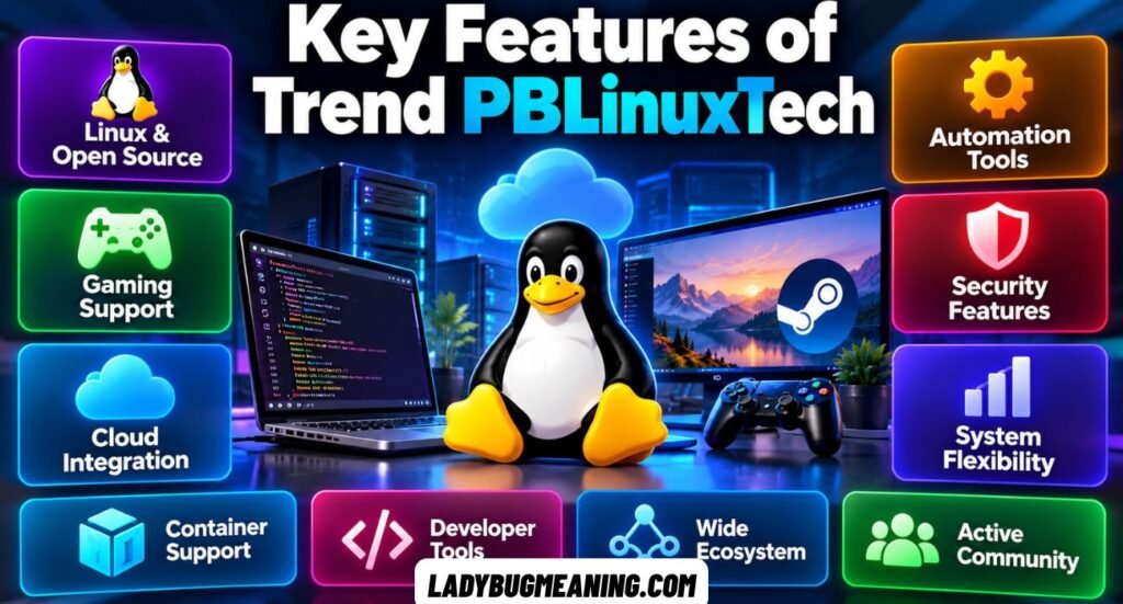 Trend PBLinuxTech concept showing Linux technology, cloud computing, developer tools, automation, security, and gaming